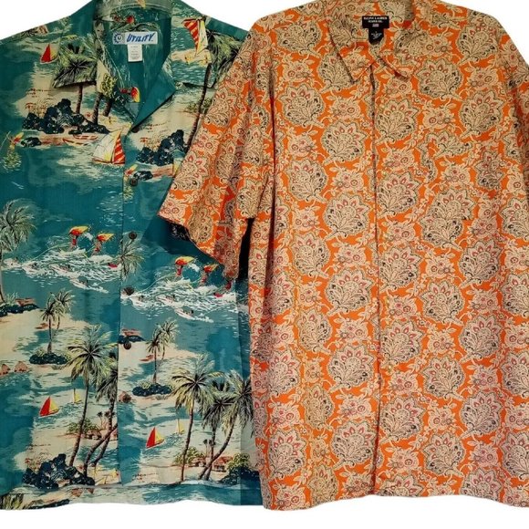 Men's Camp Shirts Large Set of 2 Sailboats/Palm trees Beachy Rust Paisley - Picture 1 of 12